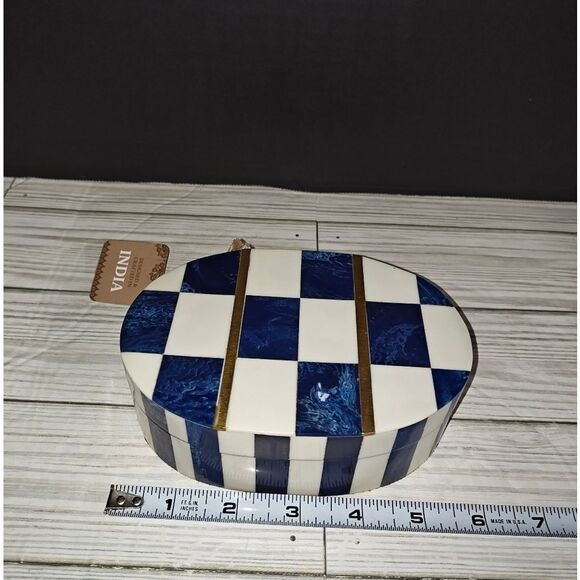 Handcrafted Bone & Resin Collectible Trinket Jewelry Box Checkered Blue - Picture 9 of 11